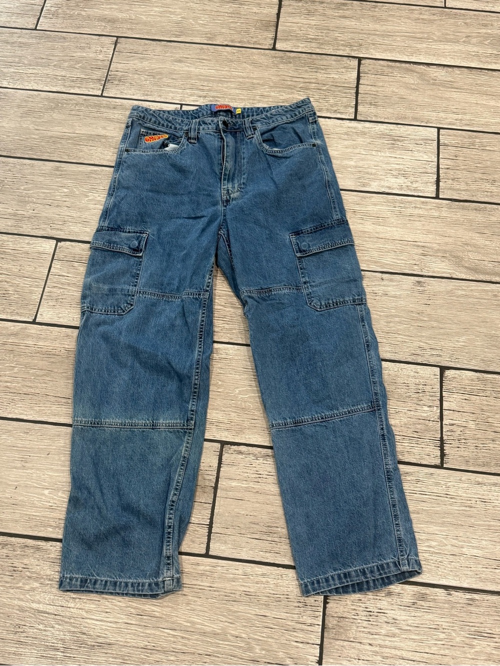 Empyre Men's Denim Cargo Pants in Medium Blue with Patch